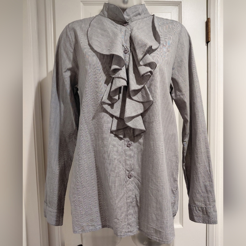 A Shirt Thing Grey Plaid Ruffle Button Down Top M